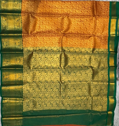 Dharmavaram Pattu Silk Saree in Mustard Orange and Emerald Green