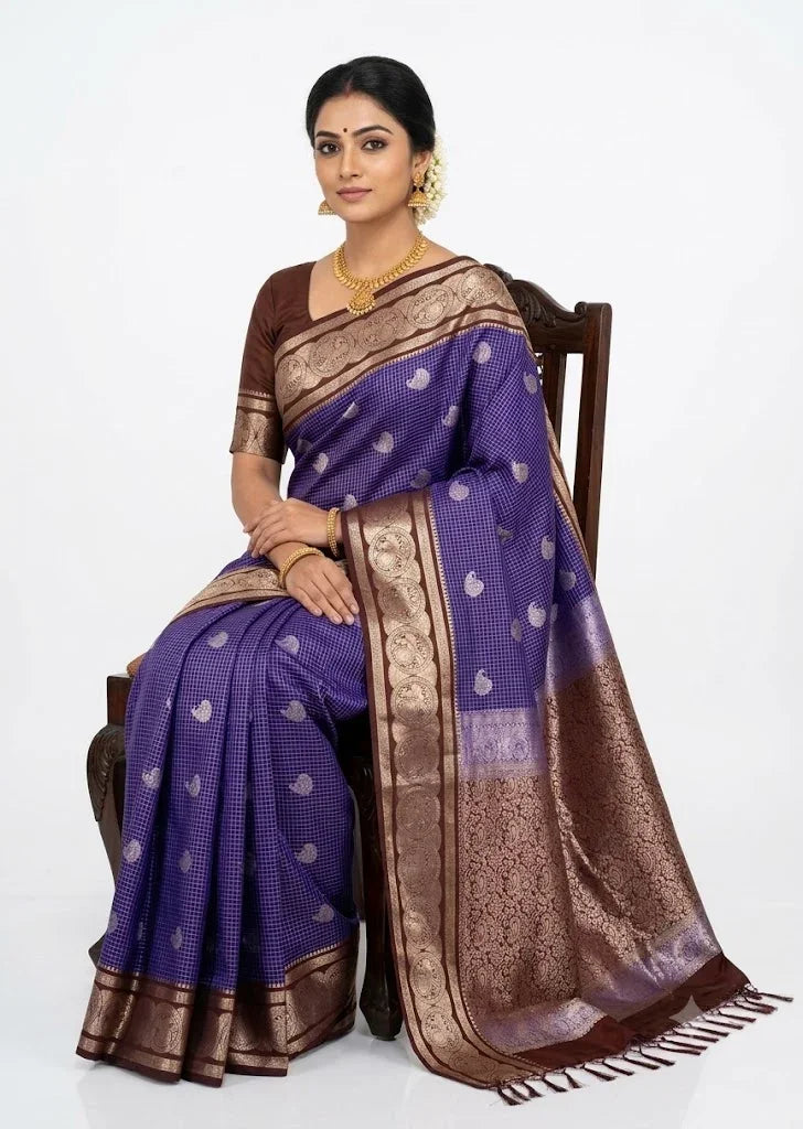 Dharmavaram Pattu Silk Saree Checks Purple - pochampallysarees.com