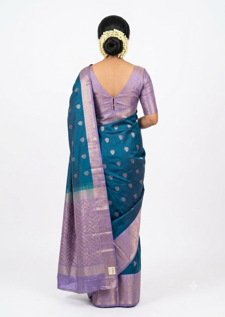 Kanchi Soft Silk Saree in Teal Blue and Lavender