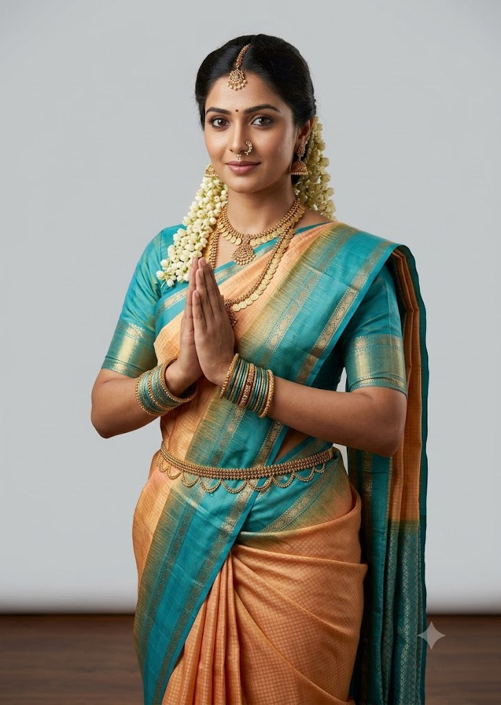 Peach and Teal Blue Kanjivaram Silk Saree with Gold Zari Border with Silk Mark