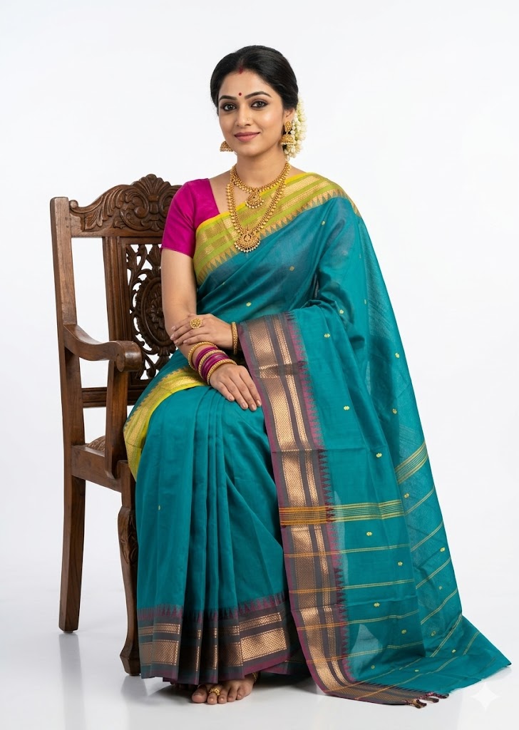 NARAYANPET COTTON SAREE RAMA GREEN BUTTI BODY BUTTA GANGA JAMUNA BORDER