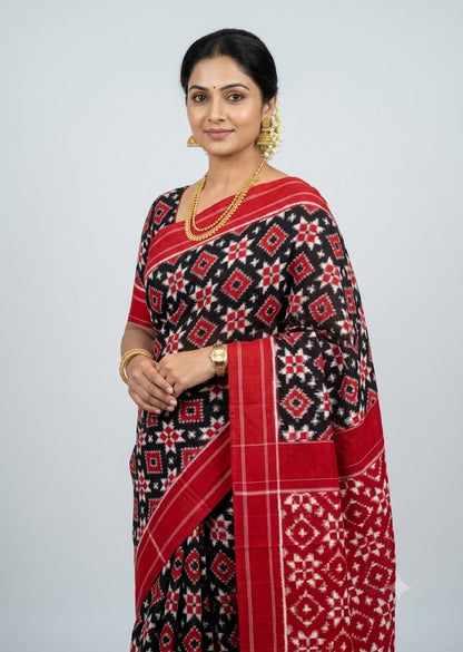 Traditional Handwoven Ikkat Telia Rumal Cotton Saree with Rich Red Pallu &amp; Geometric Grid Border