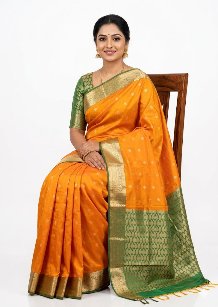 Traditional Mango Yellow Dharmavaram Pattu Saree with Contrast Green Border