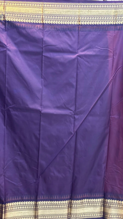 Authentic Vibrant Orange Checkered Gadwal Silk Saree with Rich Purple Border - pochampallysarees.com