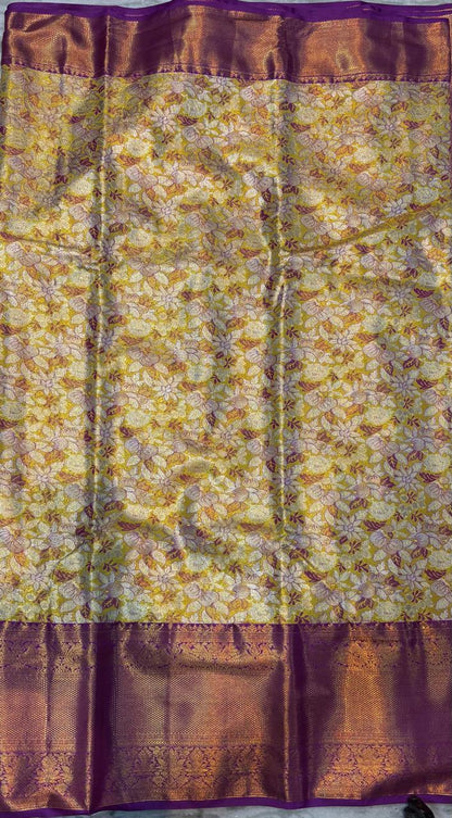 Dharmavaram Pattu Silk Saree Light Yellow &amp; Purple Sari