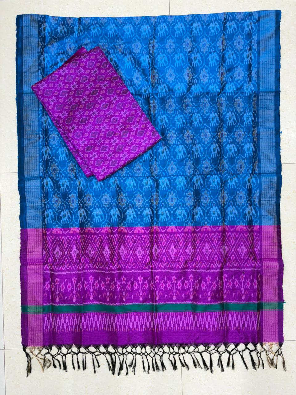 Latest Ikkat Silk Dress Material: Blue &amp; Mejenta Pink Pochampally Salwar Suit