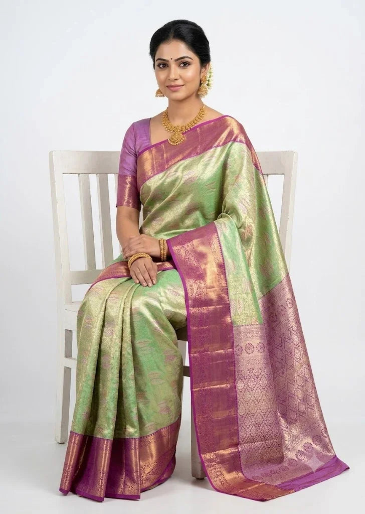Dharmavaram Pattu Silk Saree Light Green With Purple Sari - pochampallysarees.com