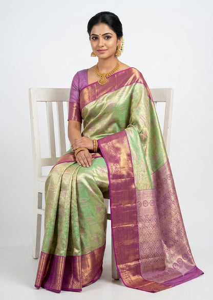 Dharmavaram Pattu Silk Saree Light Green With Purple Sari