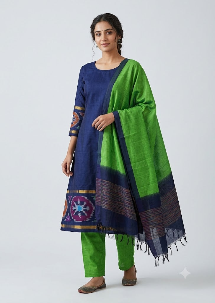 Navy Blue Handloom-Look Kurta Set with Ikat Border, Green Pants &amp; Dupatta (Set of 3)