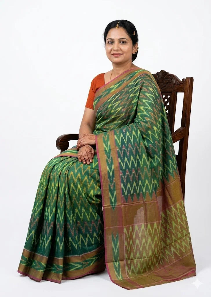 Elegant Green Zig-Zag Pattern Ikat Handloom Saree - pochampallysarees.com