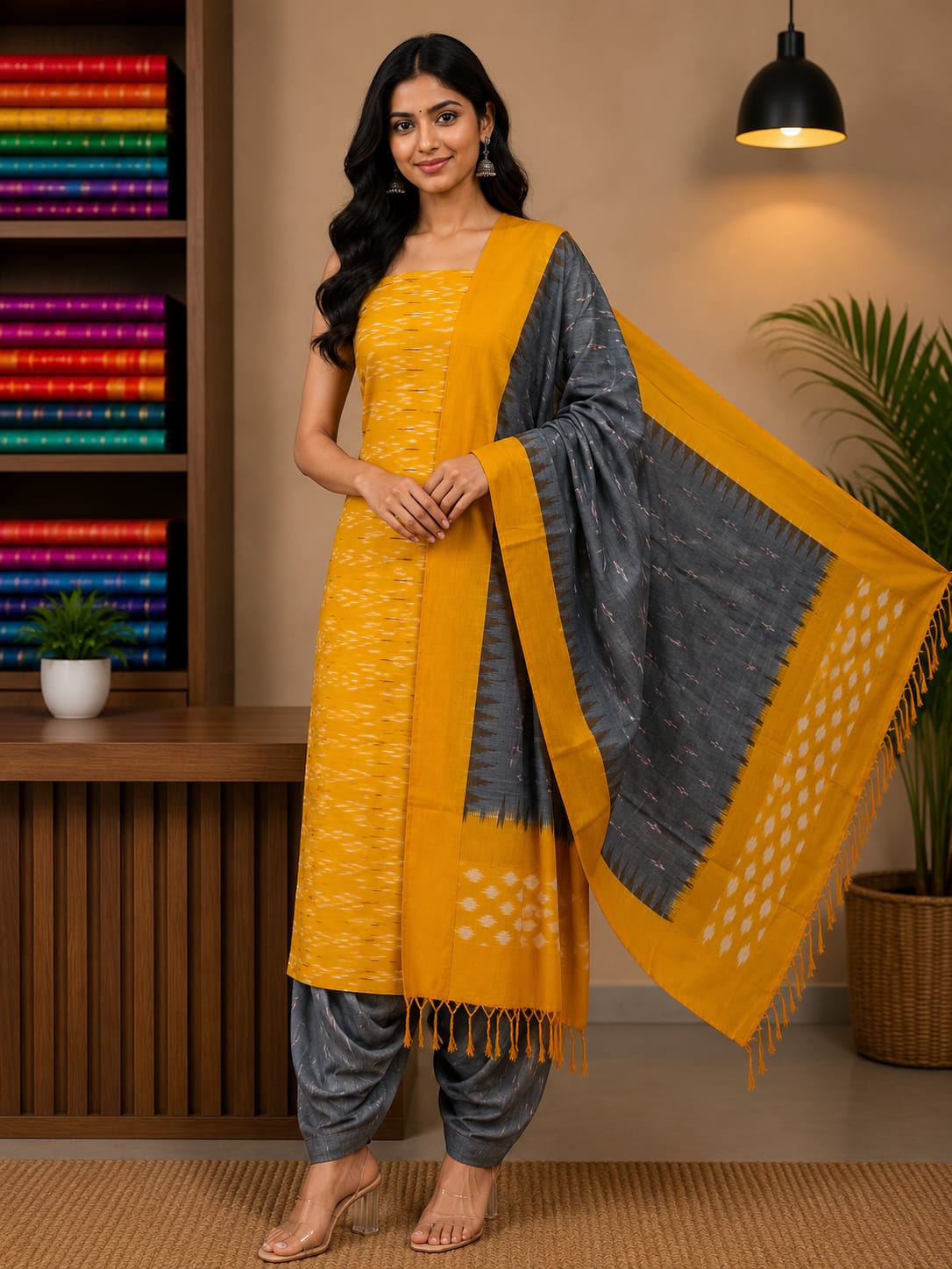 Mustard Yellow &amp; Slate Grey Handloom Double Ikkat Cotton Dress Material Set with Temple Border Dupatta