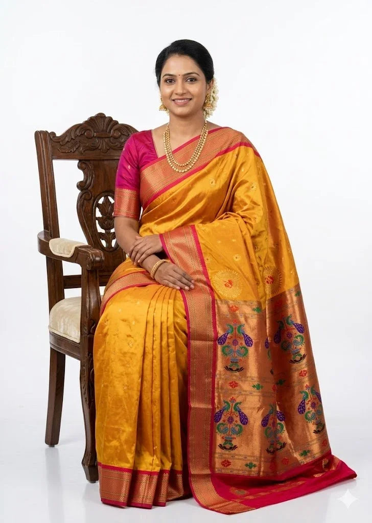 Traditional Mustard Yellow Gadwal Silk Saree with Contrast Pink Peacock Border - pochampallysarees.com
