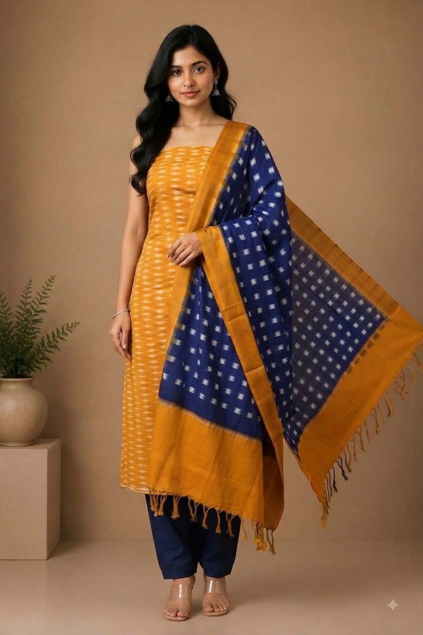 Handwoven Mustard Yellow &amp; Indigo Blue Double Ikat Cotton Unstitched Dress Material Set