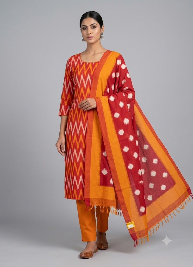 POCHAMPALLY IKAT COTTON RED WITH YELLOW COLOR DRESS MATERIAL - C28