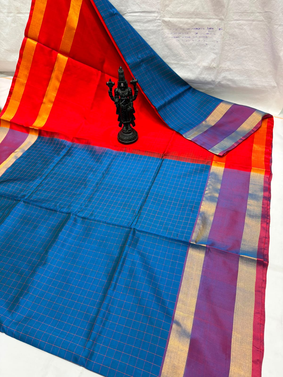 Stunning Red &amp; Deep Blue Checkered Uppada Pattu Saree