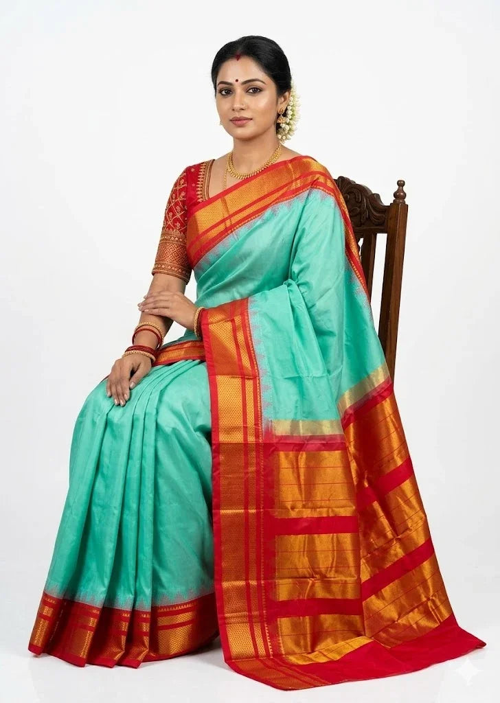 Stunning Sea Green Pure Gadwal Silk Saree with Contrast Red Zari Border - pochampallysarees.com