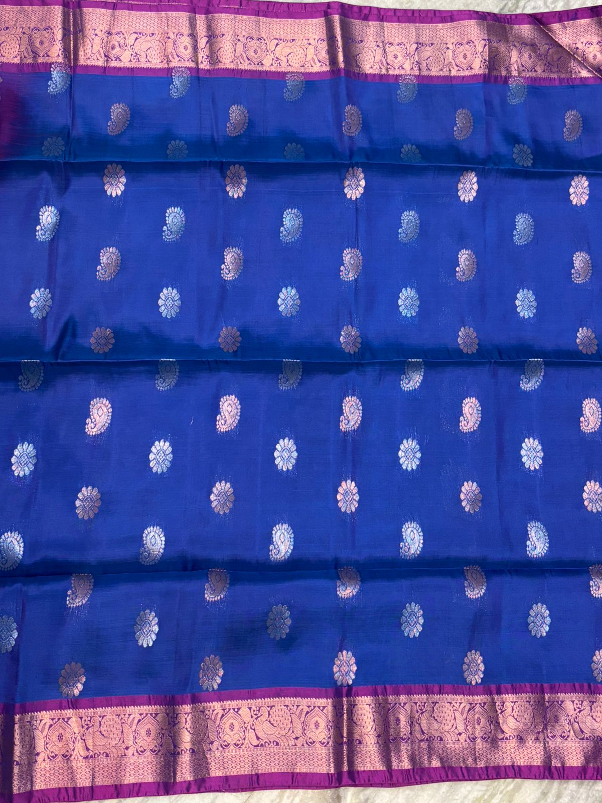 Royal Blue Pure Soft Silk Saree with Contrasting Purple Zari Border &amp; Pallu