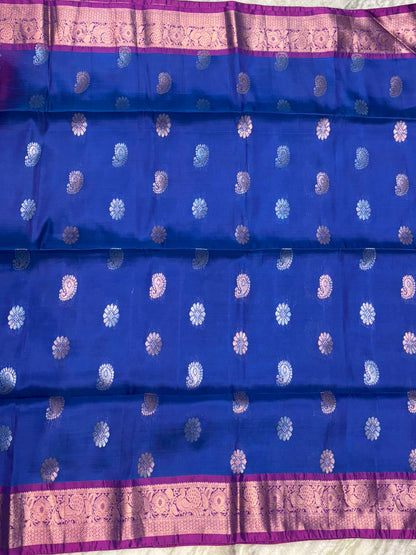 Royal Blue Pure Soft Silk Saree with Contrasting Purple Zari Border &amp; Pallu