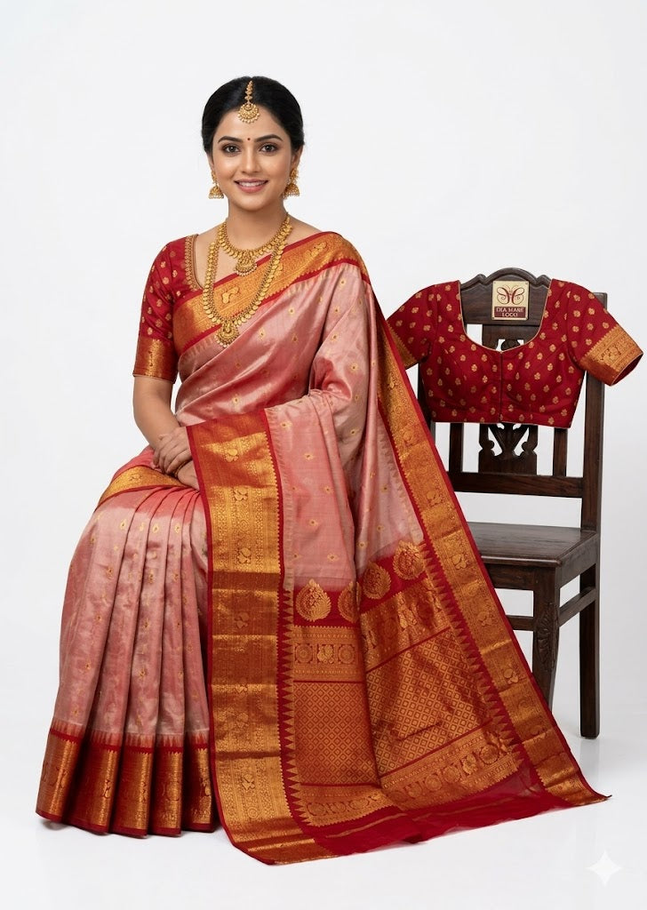 Pure Gadwal Silk Saree in Light Red Metallic Hue with Crimson Red Zari Pallu - pochampallysarees.com