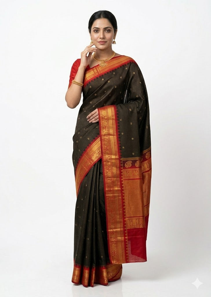 Pure Gadwal Silk Saree in Jet Black Checks with Rich Red Zari Border - pochampallysarees.com