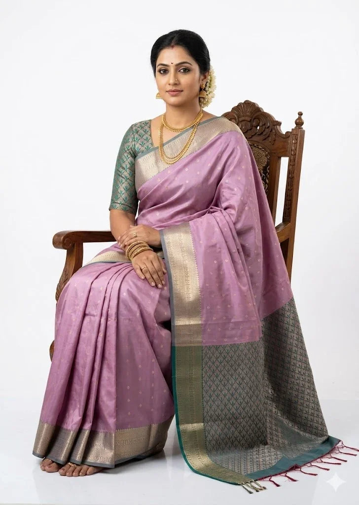 Elegant Lilac Pink Dharmavaram Silk Saree with Teal Green Zari Pallu - pochampallysarees.com