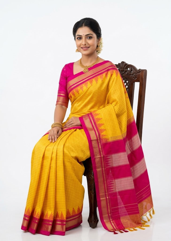 Stunning Yellow Gadwal Saree with Contrast Pink Temple Border
