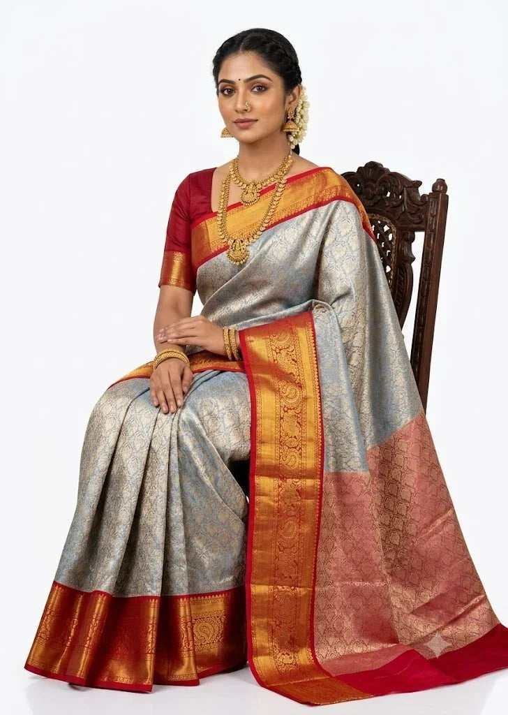 Dharmavaram Pattu Silk Saree Light Blue Red Saree - pochampallysarees.com