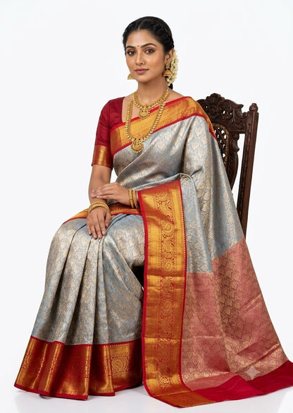 Dharmavaram Pattu Silk Saree Light Blue Red Saree