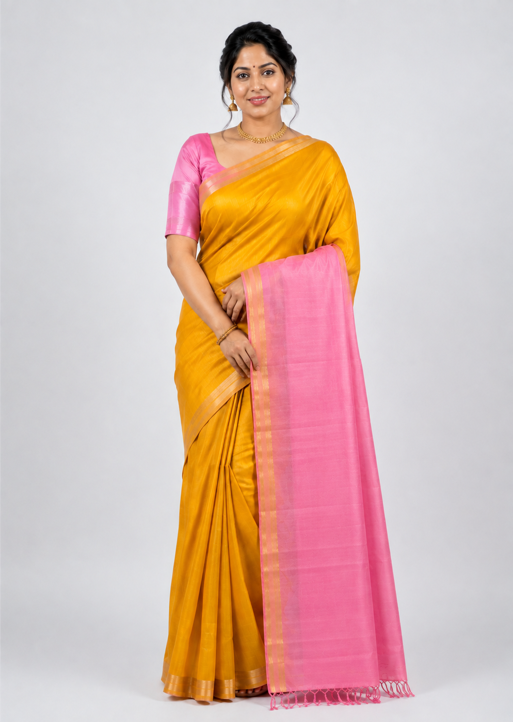 Pink Kanchi Soft Silk Saree Plain Middle Yellow Pallu Pink