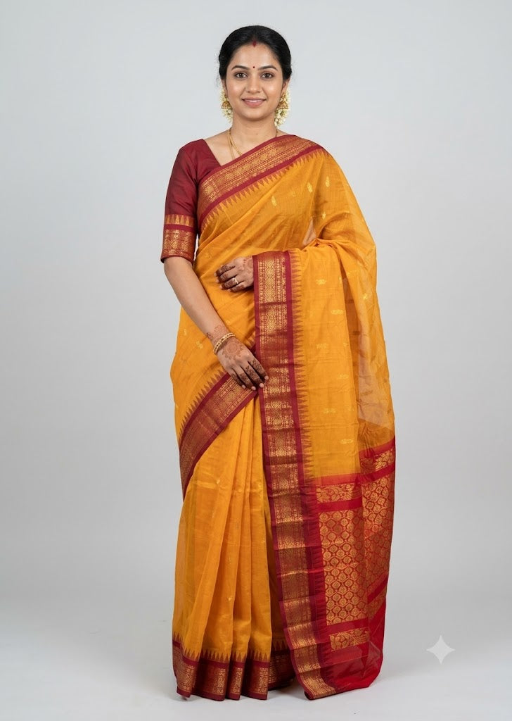 Mustard Yellow Gadwal Cotton Saree with Red-Maroon Border (Without Blouse) gc5