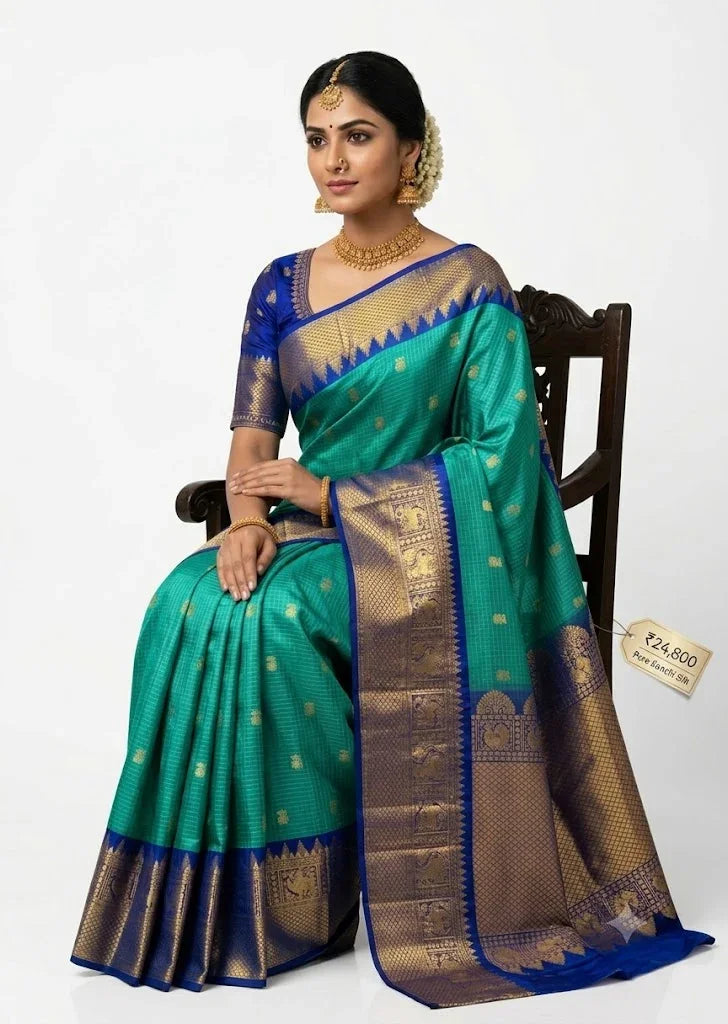 Gadwal Silk Sarees: Vibrant Sea Green & Royal Blue Handloom Classics - pochampallysarees.com