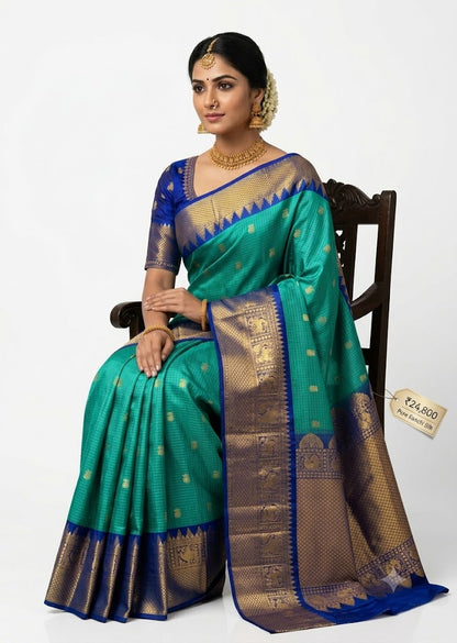 Gadwal Silk Sarees: Vibrant Sea Green &amp; Royal Blue Handloom Classics - pochampallysarees.com