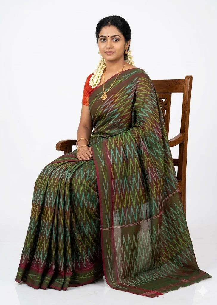 Pure Ikkat Cotton Saree in Olive Green | Traditional Ethnic Wear - pochampallysarees.com