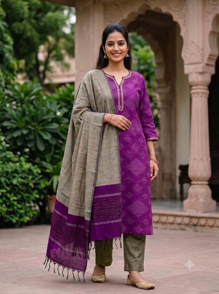 Pochampally Ikkat Poly Cotton Unstitched Dress Material with Borderless Dupatta (3-Piece Set - Purple &amp; Grey-Gold)