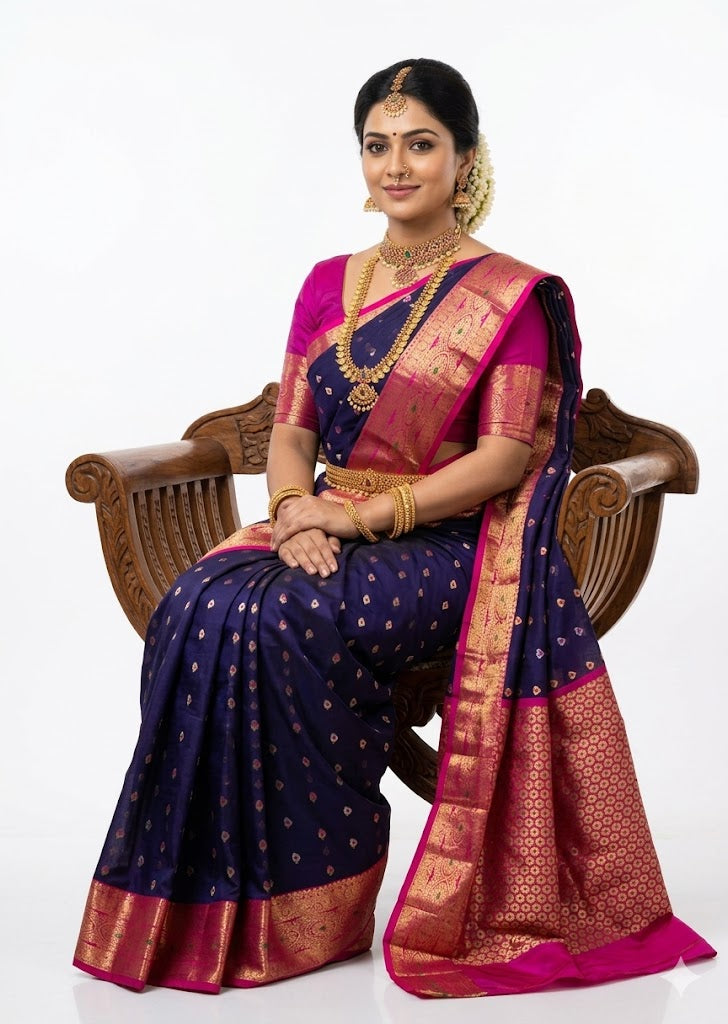 Deep Navy Blue & Pink Kuppadam Pattu Saree | Ethnic Silk Wear