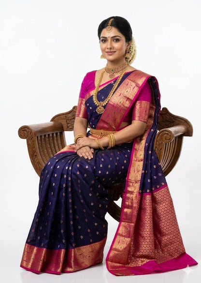 Deep Navy Blue &amp; Pink Kuppadam Pattu Saree | Ethnic Silk Wear - pochampallysarees.com