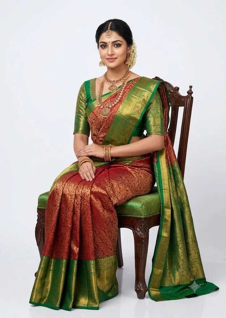 Dharmavaram Pattu Silk Saree in Red With Green - pochampallysarees.com