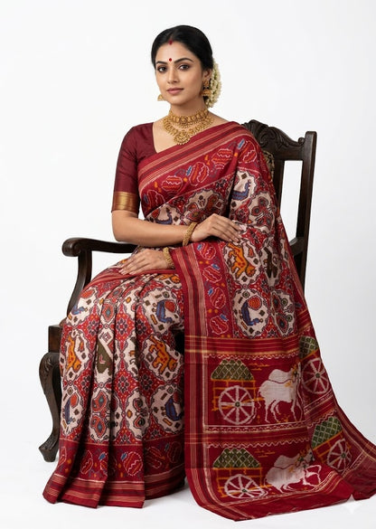Authentic Pochampally Ikkat Patola Silk Saree with Traditional Elephant &amp; Cart Motifs - pochampallysarees.com