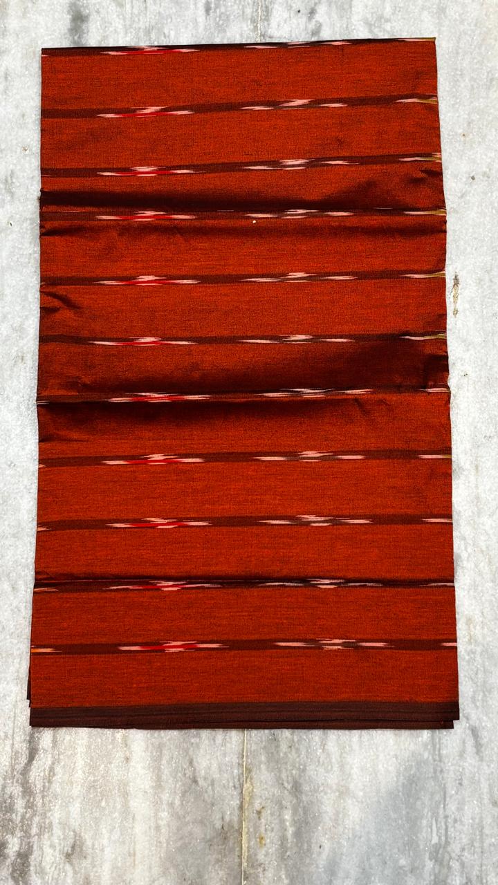 Pochampally Ikkat Poly Cotton Unstitched Dress Material with Borderless Dupatta (3-Piece Set - Red-Rust &amp; Black)