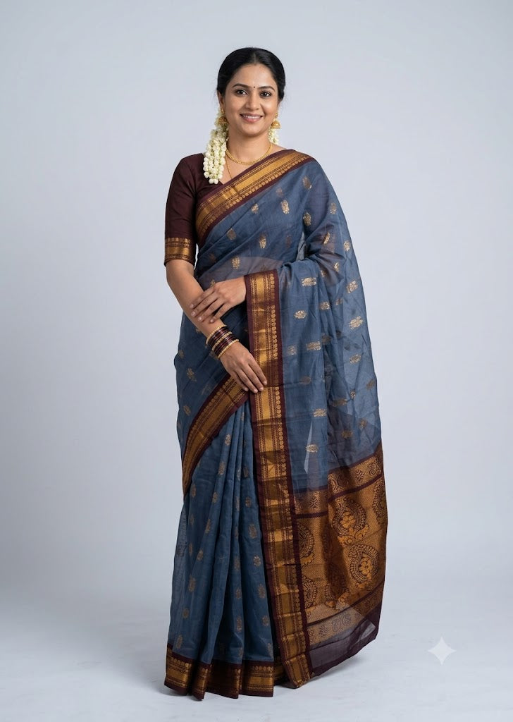 Traditional Dark Dusty Blue Gadwal Cotton Saree with Maroon Zari Border gc29