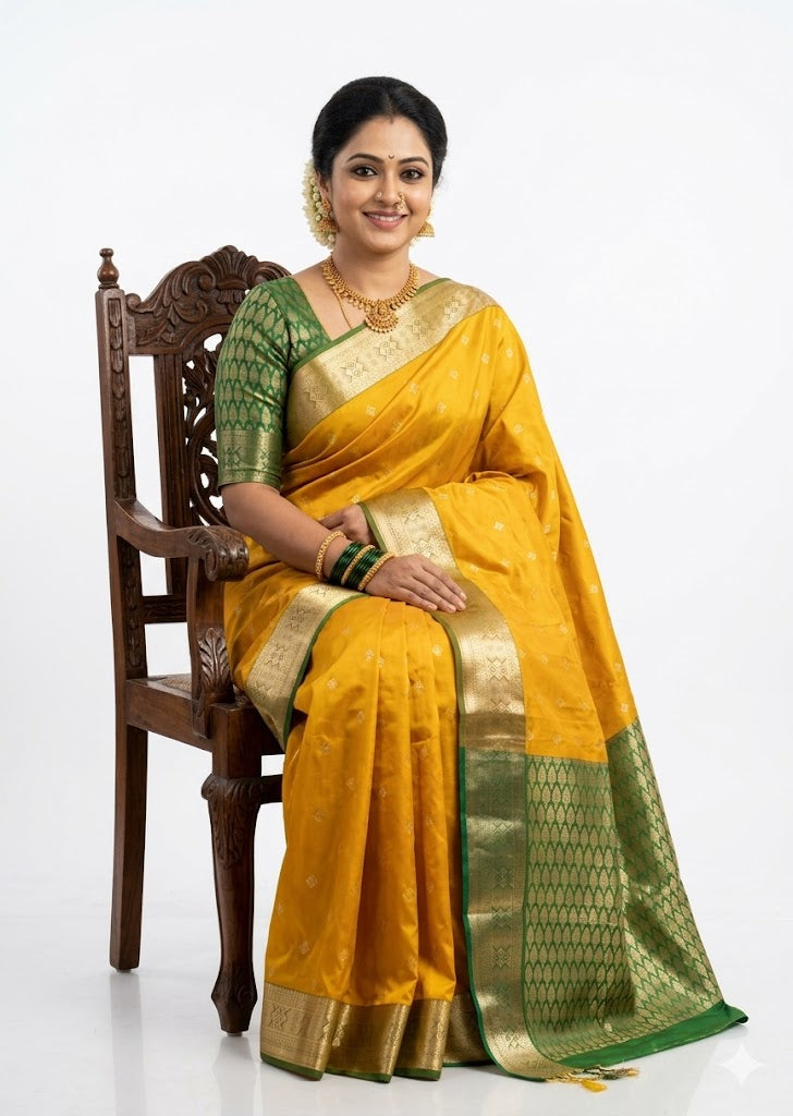 Dharmavaram Pattu Traditional South Indian Handloom Silk Saree in Mustard Yellow and Emerald Green Weave
