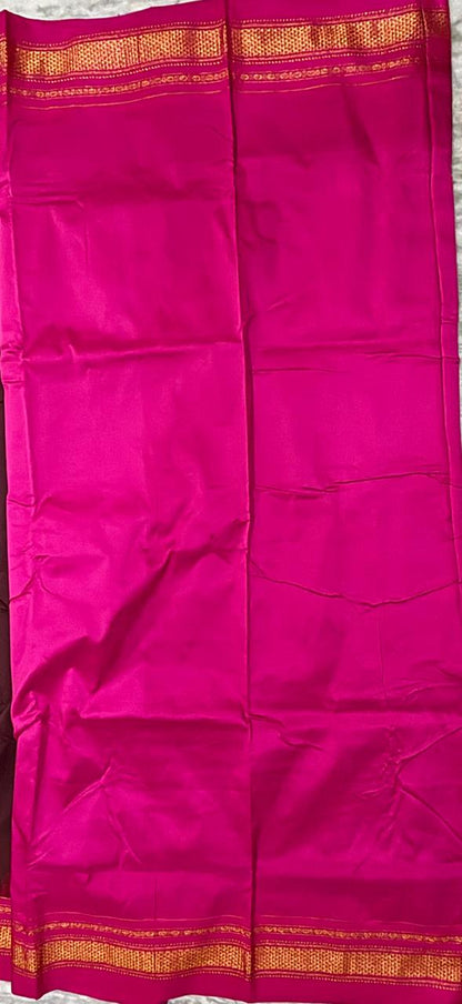 Chocolate Brown Gadwal Silk Saree with Rani Pink Pallu &amp; Temple Border