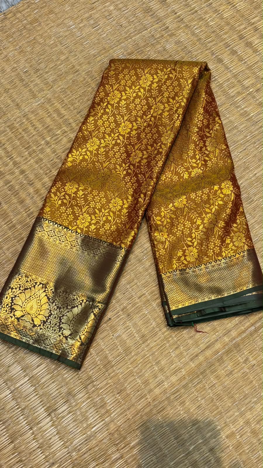 Magnificent Golden Yellow &amp; Dark Brown Dharmavaram Silk Saree