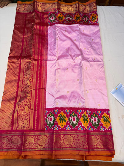 Pure Pochampally Ikat Kanchi Silk Saree – Lavender &amp; Pink with Rich Gold Zari Border | Traditional Handloom Wedding Saree - pochampallysarees.com