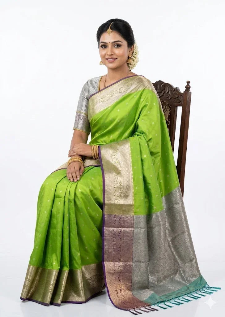 Dharmavaram Pattu Vibrant Lime Green Silk Saree with Intricate Silver Zari Border & Purple Accent - pochampallysarees.com