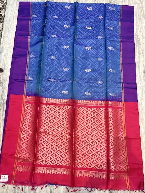 Royal Blue Soft Silk Saree with Contrast Rani Pink Zari Pallu and Purple Border