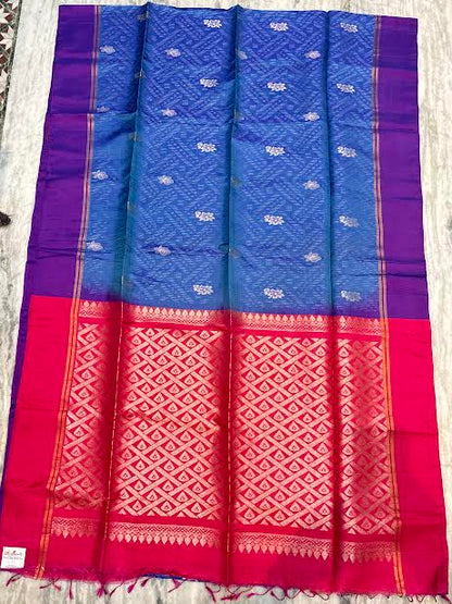 Royal Blue Soft Silk Saree with Contrast Rani Pink Zari Pallu and Purple Border