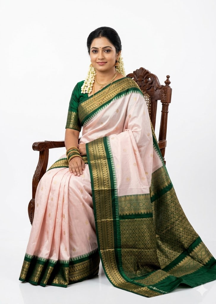 Authentic Soft Pink Checkered Gadwal Silk Saree with Rich Deep Green Border