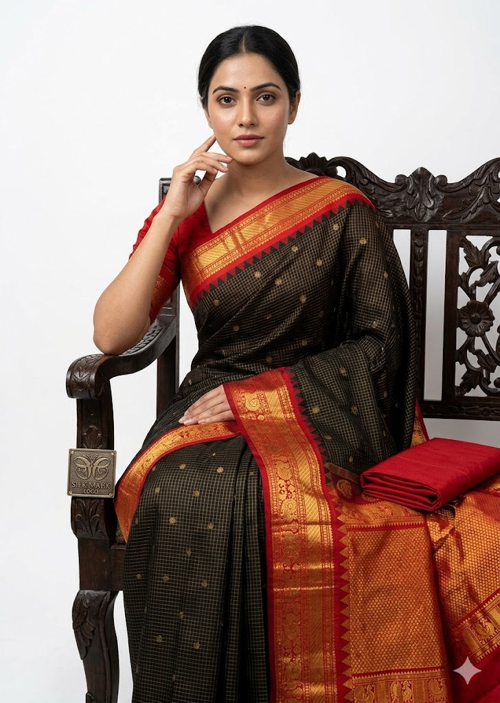 Pure Gadwal Silk Saree in Jet Black Checks with Rich Red Zari Border - pochampallysarees.com