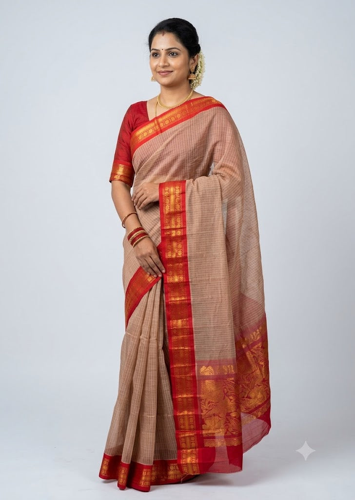 Traditional Beige Gadwal Cotton Saree with Red Zari Border gc15